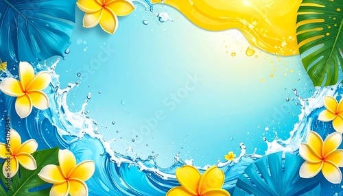 abstract thai songkran background with water waves and splashes, bright summer palette, blue aqua yellow, soft gradient, joyful festival mood, minimal clean design, modern thailand culture theme