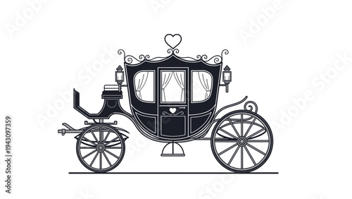Elegant silhouette of a classic horse-drawn carriage or pumpkin coach with intricate details and a heart ornament on top.