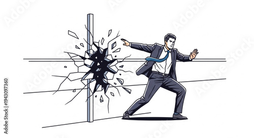 Man Breaking Through Glass Barrier.