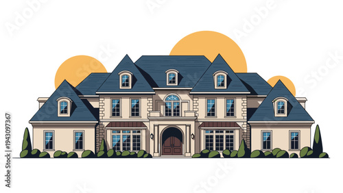 Magnificent architectural illustration of a large multi-story luxury mansion house with gabled roofs and manicured gardens.