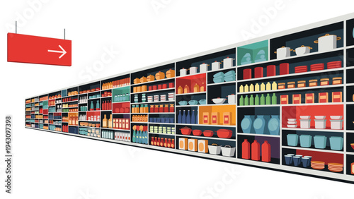 Perspective view of long stocked shelves in a grocery store or pantry filled with various food products and containers.