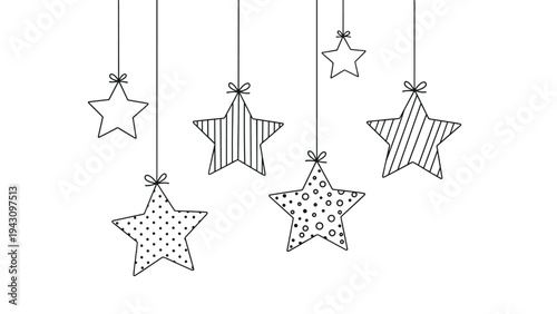 Charming hand-drawn hanging stars with various patterns like dots and stripes, perfect for festive decorations or nursery art.