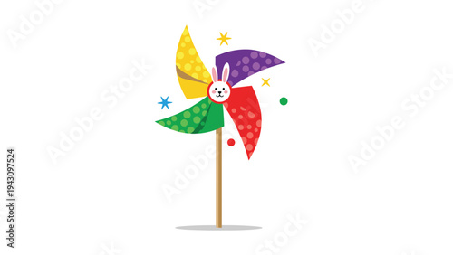 Playful multi-colored pinwheel toy with a cute bunny face in the center, surrounded by stars and circles on a white backdrop.