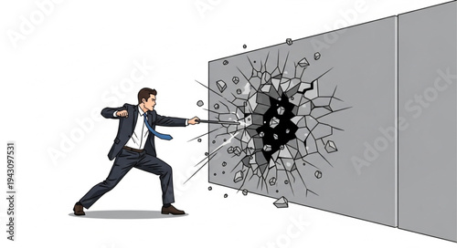 Man Breaking Through Glass Wall.