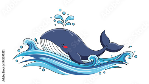 Happy blue whale breaching the ocean waves and spouting water, conveying a sense of marine beauty and freedom in nature.