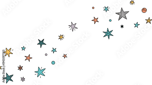 Collection of whimsically scattered colorful stars in various sizes and patterns, creating a magical and dreamy background.