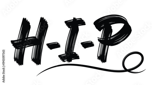 Stylized brush-stroke lettering of the word HIP in bold black ink, projecting a modern, cool, and trendy artistic aesthetic.