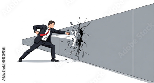 Man Breaking Through Grey Wall.