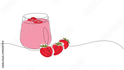 Continuous One Line Drawing of Strawberry Smoothie in  Glass with Berries. Editable stroke