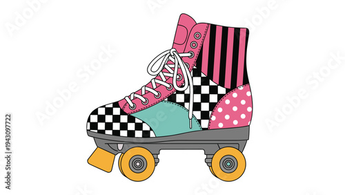 Retro-style roller skate decorated with vibrant patterns like checkers, dots, and stripes in pink, teal, and yellow colors.