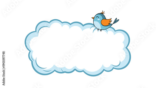 Cute little blue bird with orange wings perched happily on a fluffy white cloud shaped like a message box or border.