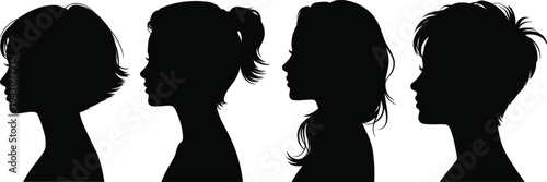 Silhouettes of Women's Hairstyles in Profile on White Background woman female