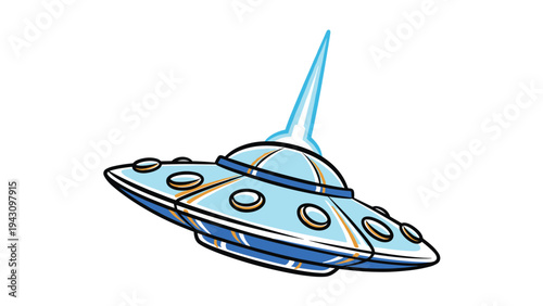 Classic flying saucer or UFO craft with a blue and white metallic finish and a glowing antenna beam on the top part.