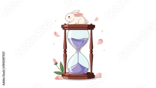 Small white bunny sitting peacefully on top of a vintage wooden hourglass with purple sand and falling pink cherry petals.