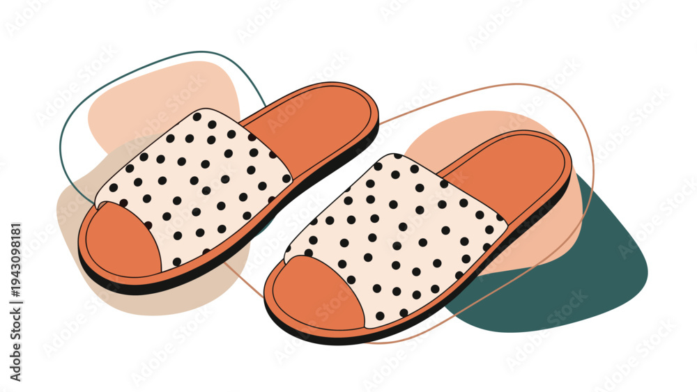 Fototapeta premium Pair of comfortable home slippers with an orange base and white tops featuring a black polka dot pattern on abstract background.