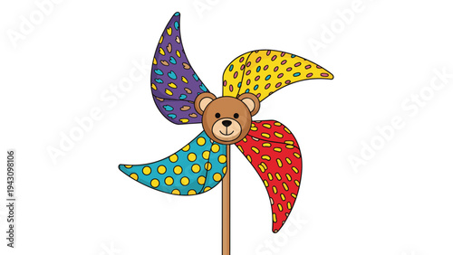 Colorful toy pinwheel with a cute teddy bear face in the center and blades decorated with different bright patterns.