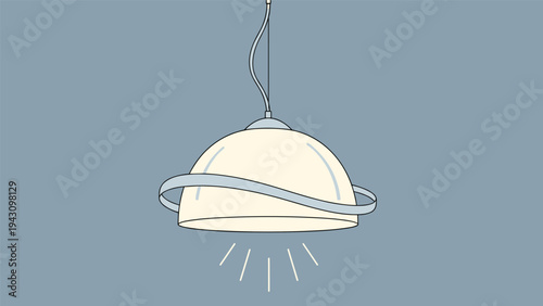 Modern pendant ceiling light with a dome shaped shade and a stylish metallic ring orbiting around the middle part.