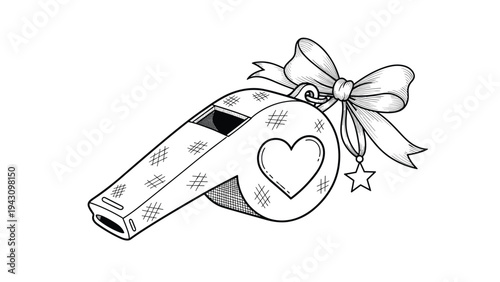 Classic referee or coach whistle decorated with crosshatch and heart patterns and tied with a large decorative ribbon bow.