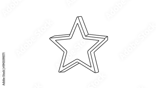 Simple three dimensional outline of a classic five pointed star shape shown from a slight perspective angle on white.