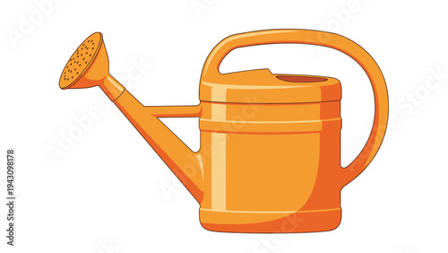 Bright orange plastic watering can for gardening with a large handle and a perforated spout for gentle watering.