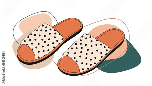 Pair of comfortable home slippers with an orange base and white tops featuring a black polka dot pattern on abstract background.