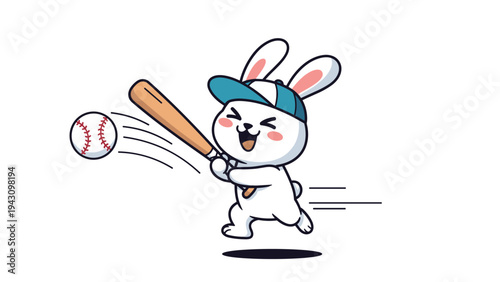 Energetic white bunny character wearing a blue cap and swinging a wooden baseball bat to hit a moving ball.