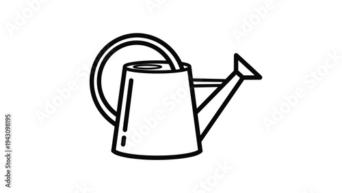 Minimalist black and white outline drawing of a classic garden watering can with a long spout and a sturdy handle.