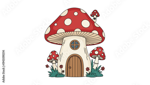 Whimsical mushroom house illustration showcases a red toadstool with white spots transformed into a cozy fairy home with a wooden door.