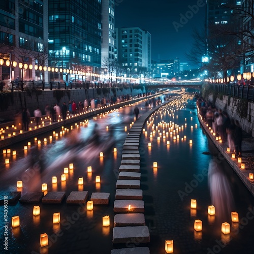 Night cityscape with glowing lanterns in Seoul