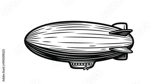 Hand drawn vintage blimp illustration displays the classic shape of a zeppelin airship with detailed linework and shading in black and white.