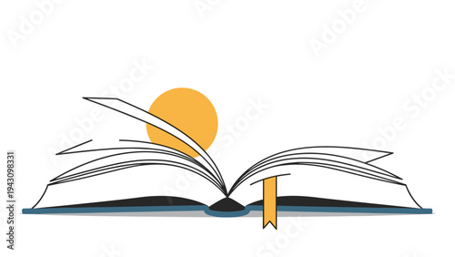 Open book with fluttering pages is set against a bright yellow sun to symbolize the enlightenment and warmth found through reading and learning.