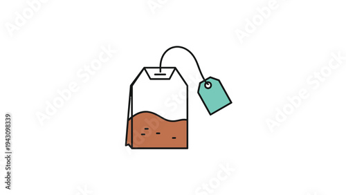 Minimalist graphic icon of a single teabag with brown tea leaves inside and a small green tag on a black string.
