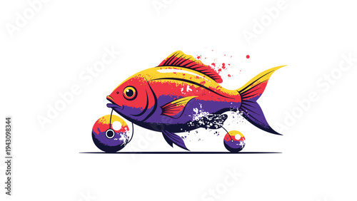 Vibrant fish illustration depicts a colorful aquatic creature combined with bicycle wheels in a surreal and artistic concept of movement.
