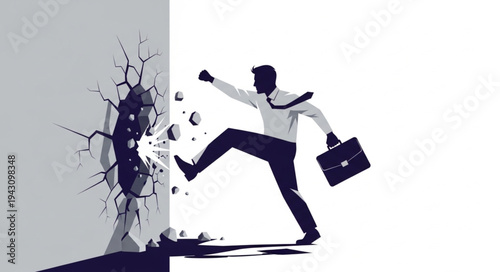 Man Breaking Through Wall with Briefcase.