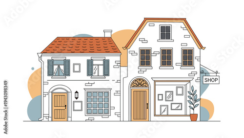 Detailed architectural drawing portrays a charming street scene with two vintage style houses or shops featuring stone walls and tiled roofs.