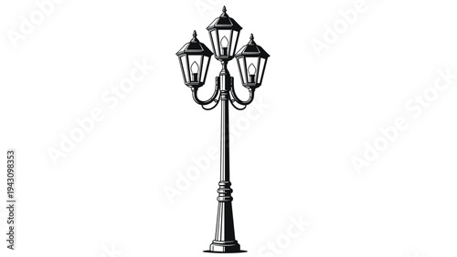 Classic three lamp street light post stands elegantly in a black and white illustration inspired by traditional European urban design and decor.