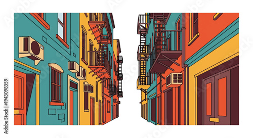 Colorful urban street illustration buildings perspective view