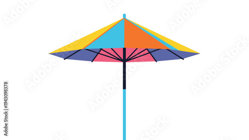 Brightly colored beach umbrella with yellow, blue, and pink panels provides shade and a summer vacation vibe on a plain white background.