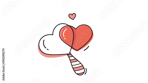 Two overlapping hearts with one solid red and one white outline are held by a striped handle to create a lovely and romantic graphic element.