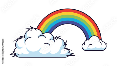 Colorful rainbow bridge stretches across two fluffy white clouds in a bright and cheerful sky illustration for kids and optimistic themes.