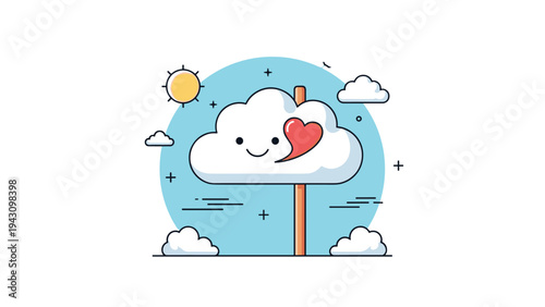 Happy cartoon cloud with a smiling face holds a red heart sign while surrounded by a sunny day scene with birds and other small clouds.