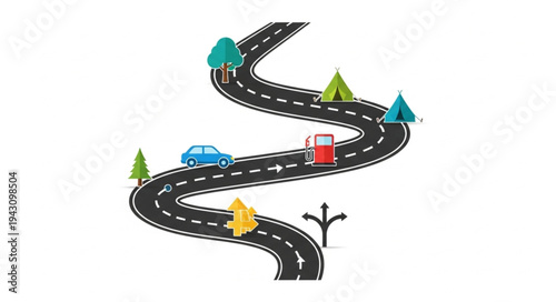 Cartoon Road Trip Adventure with Car, Gas Station, and Tents.