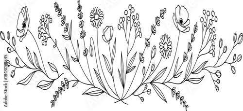 Hand Drawn Wildflower Botanical Arrangement with Leaves, Blossoms and Floral Branches Decorative Nature Line Art Illustration