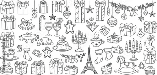 Hand Drawn Christmas Holiday Icon Set with Gifts, Ornaments, Candles, Candy Cane, Desserts, Champagne and Festive Celebration Elements