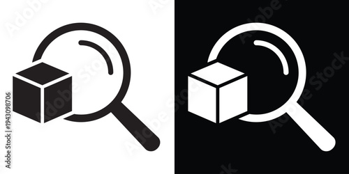 3D cube with a magnifying glass icon. Vector illustration representing product search, logistics tracking, inventory discovery, and warehouse management in black and white styles.