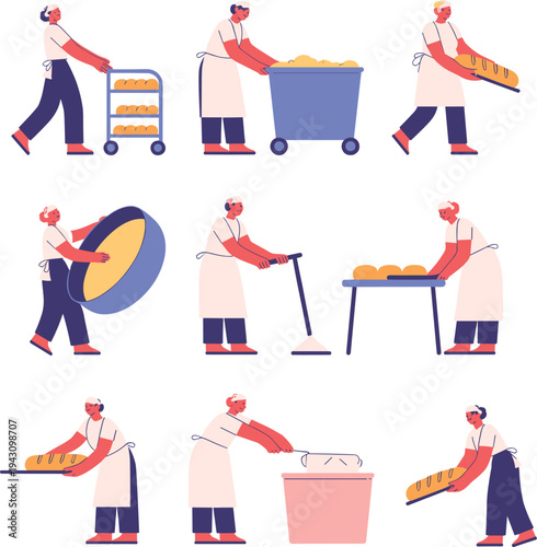 Bakery workers making bread illustration set showing dough preparation baking process fresh loaves production traditional bakery workflow vector collection
