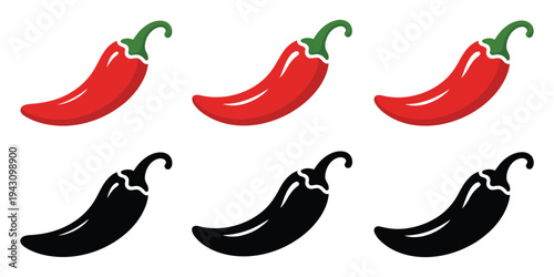 Hot chili pepper vector icons, bold red and black silhouettes for spicy food symbols, heat indicators, cooking applications, restaurant menus, and recipe or culinary branding visuals.