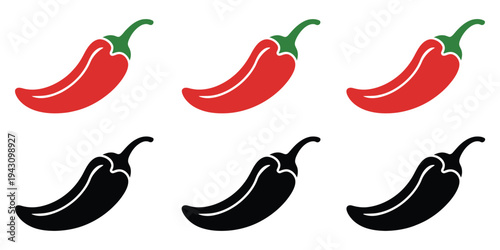 Hot chili pepper icons, bold red and black silhouette vector illustrations, representing spicy food, heat level, and culinary flavor, perfect for restaurant menus, cooking apps, recipe branding, and 