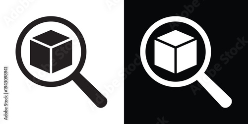3D cube with a magnifying glass icon. Vector illustration representing product search, logistics tracking, inventory discovery, and warehouse management in black and white styles.