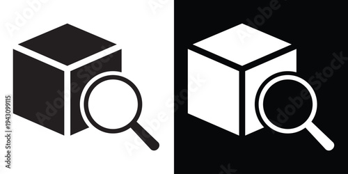 3D cube with a magnifying glass icon. Vector illustration representing product search, logistics tracking, inventory discovery, and warehouse management in black and white styles.